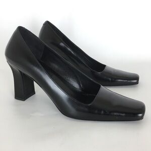 Via Spiga Square Toe Chunky Heel Pump Black Leather Heels Y2K Women’s Size 8.5